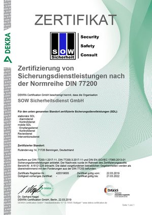 DIN 77200 DEKRA Zertifiziert Sicherungsdienstleistungen QM Qualitätsmanagement